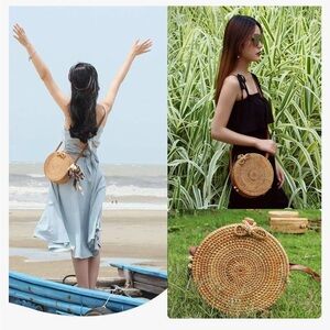 NWOT handwoven round rattan crossbody bag with a leather strap